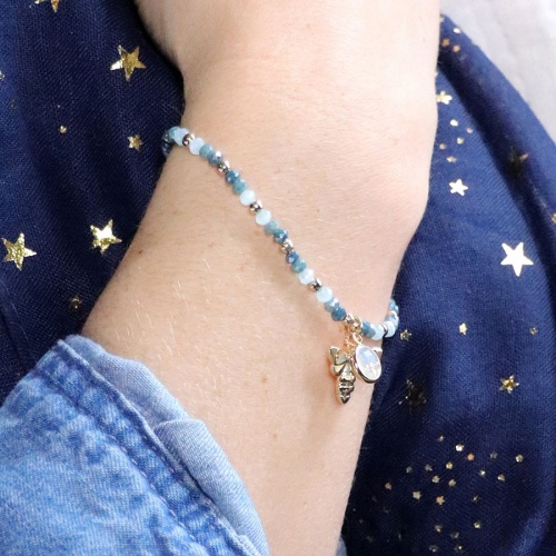 Blue Bead Bracelet with Gold Finish Bee & Crystal by Peace of Mind